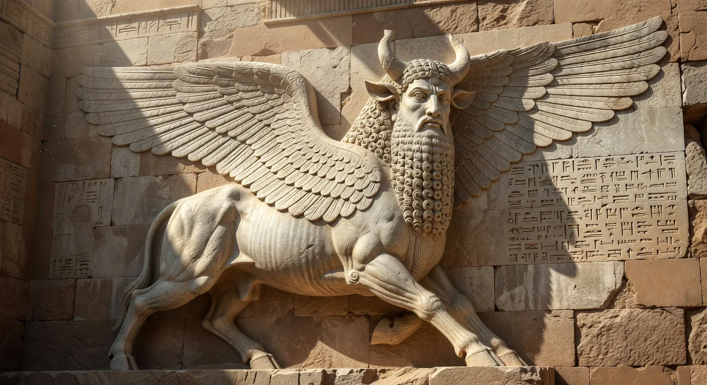 Assyrian winged bull lamassu at the ancient palace