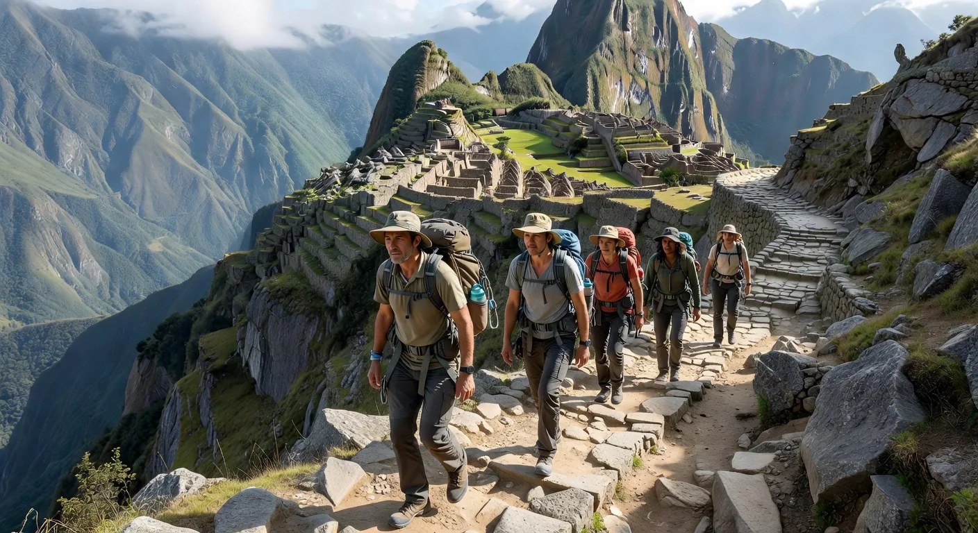 Inca Trail approaching Machu Picchu through morning clouds